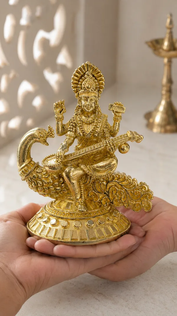 Goddess_Saraswati_Brass_Idol,_Gold_Finish