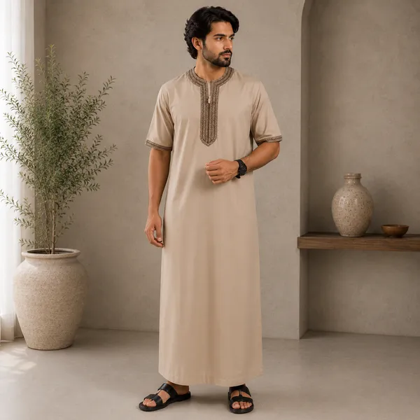 Beige_Spun_Imported_Fabric_Thobe_For_Men