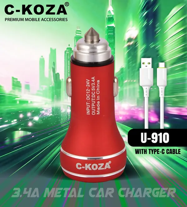 C-Koza_U-910_3.4A_Metal_Car_Charger_With_Type-C_Cable