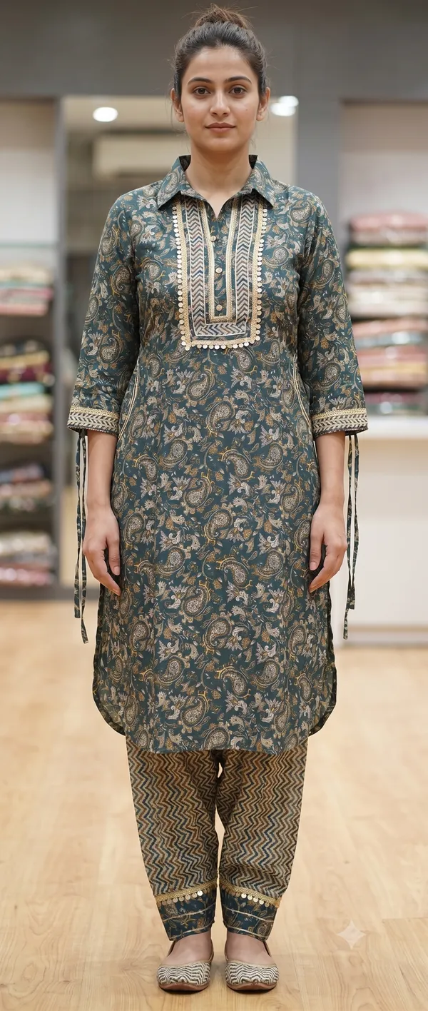 Teal_Paisley_Print_Afghani_Kurti_Salwar_Set_For_Women_&_Girls