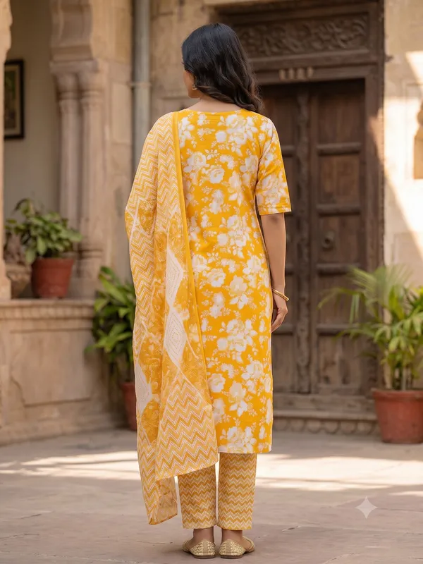 Mustard_Floral_Print_Embellished_Kurta_Pant_Dupatta_Set_For_Women_&_Girls