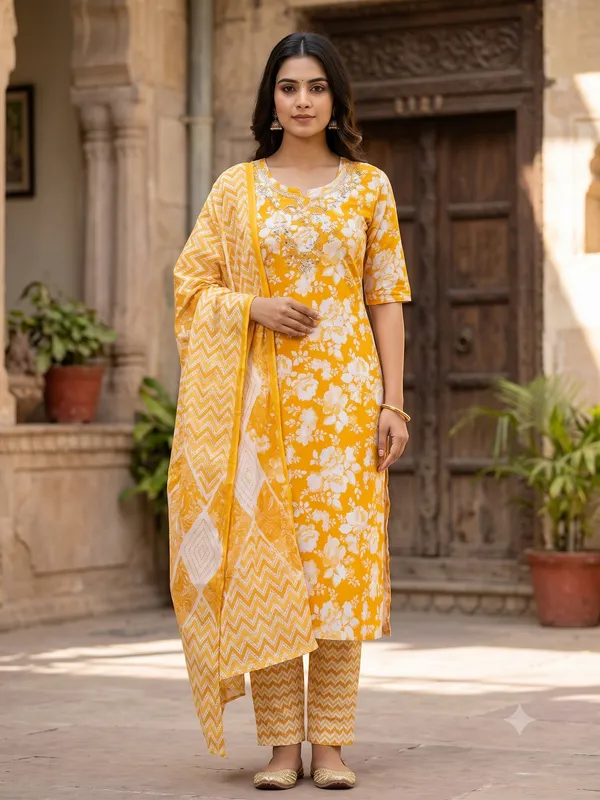 Mustard_Floral_Print_Embellished_Kurta_Pant_Dupatta_Set_For_Women_&_Girls