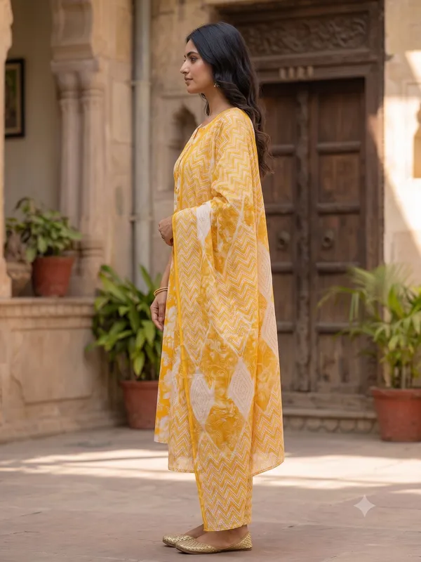 Mustard_Floral_Print_Embellished_Kurta_Pant_Dupatta_Set_For_Women_&_Girls