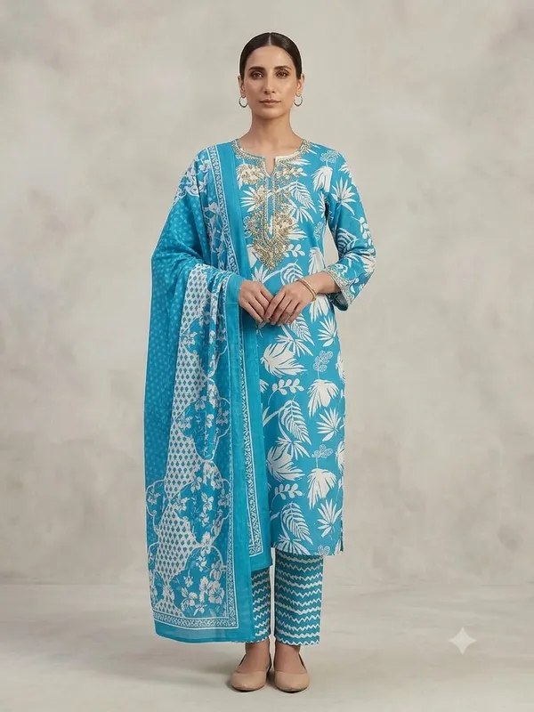 Blue_Floral_Print_Straight_Kurta_Pant_Dupaat_Set_for_Women_&_Girls