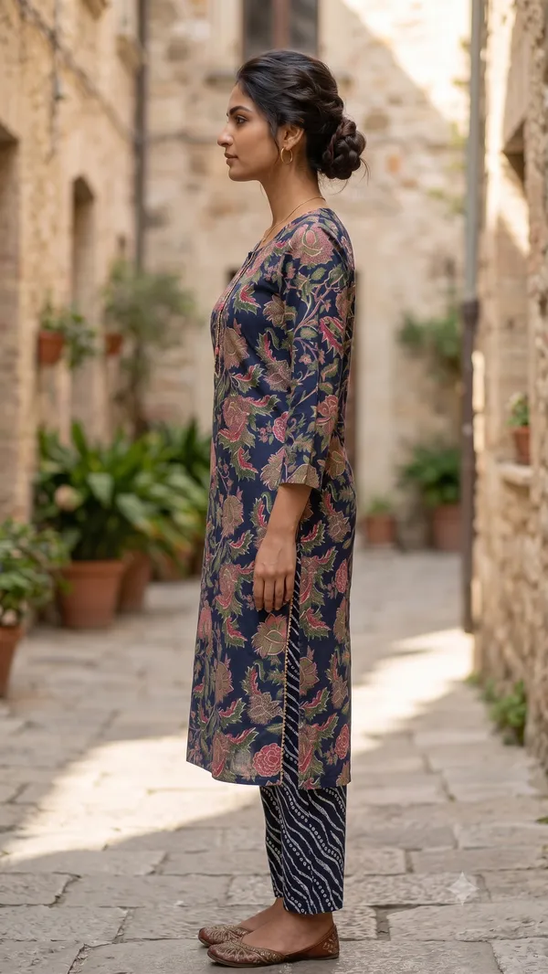 Navy_Blue_Floral_Print_Straight_Kurti_Pant_Set_For_Women_&_Girls