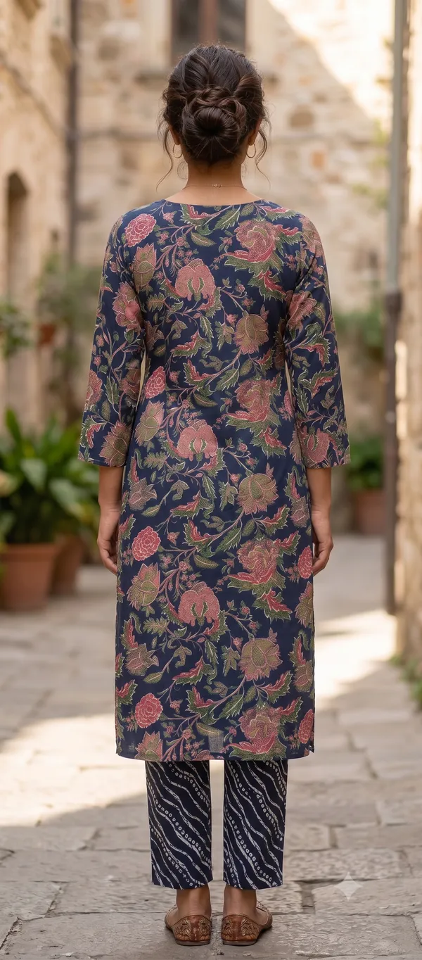 Navy_Blue_Floral_Print_Straight_Kurti_Pant_Set_For_Women_&_Girls