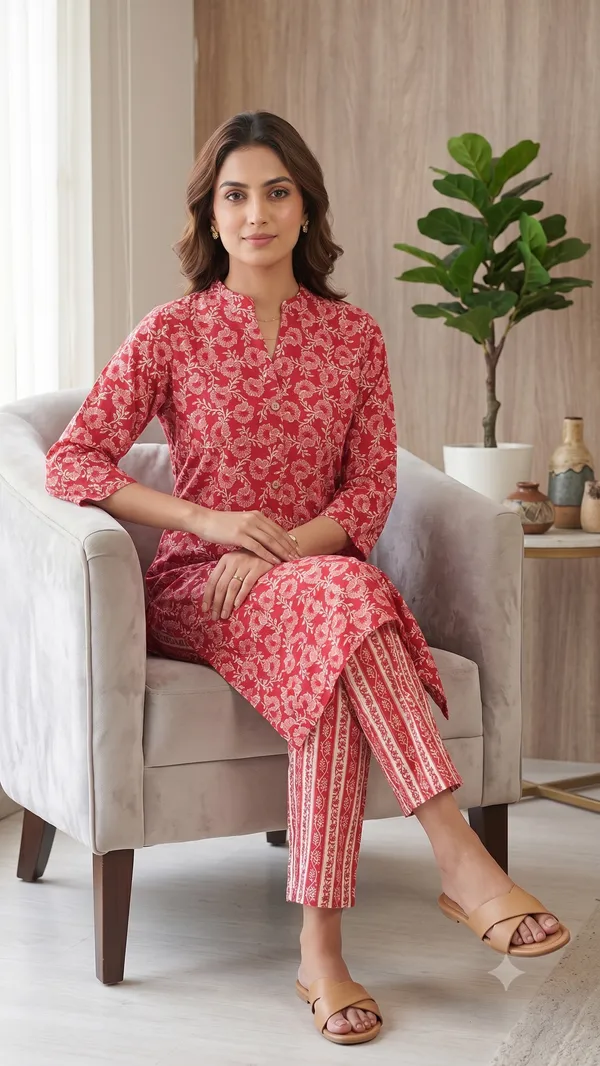 Red_Floral_Print_Kurta_Pant_Set_For_Women_&_Girls