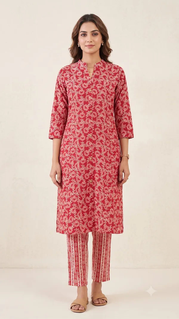 Red_Floral_Print_Kurta_Pant_Set_For_Women_&_Girls
