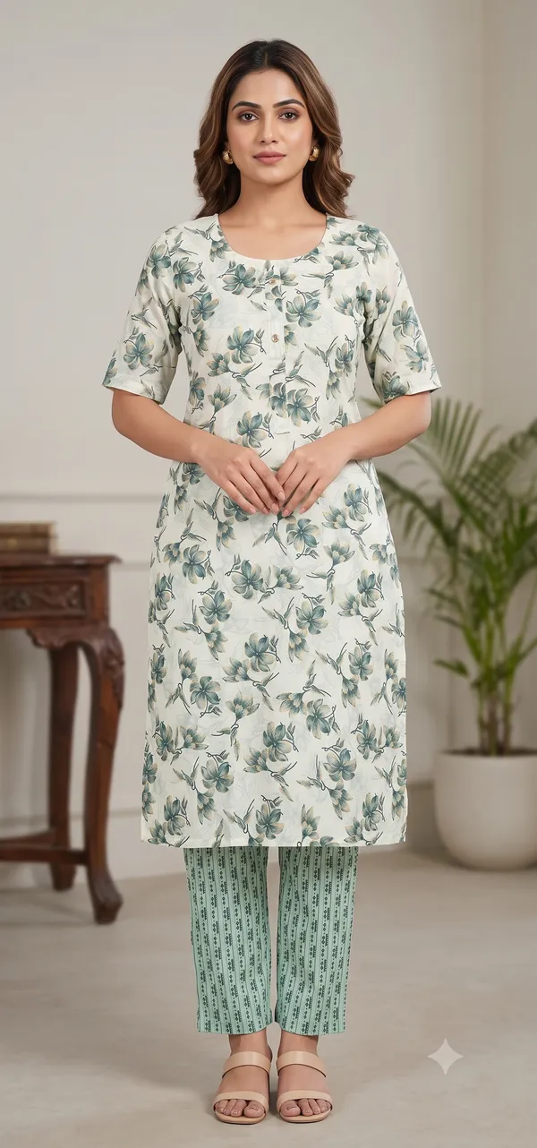 Light_Blue_Floral_Print_Straight_Kurta_Pant_Set_For_Women_&_Girls