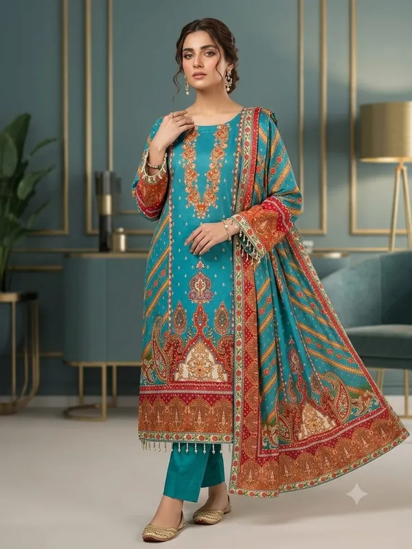 Teal_Printed_Kurta_Pant_Dupatta_Set_for_Women_&_Girls