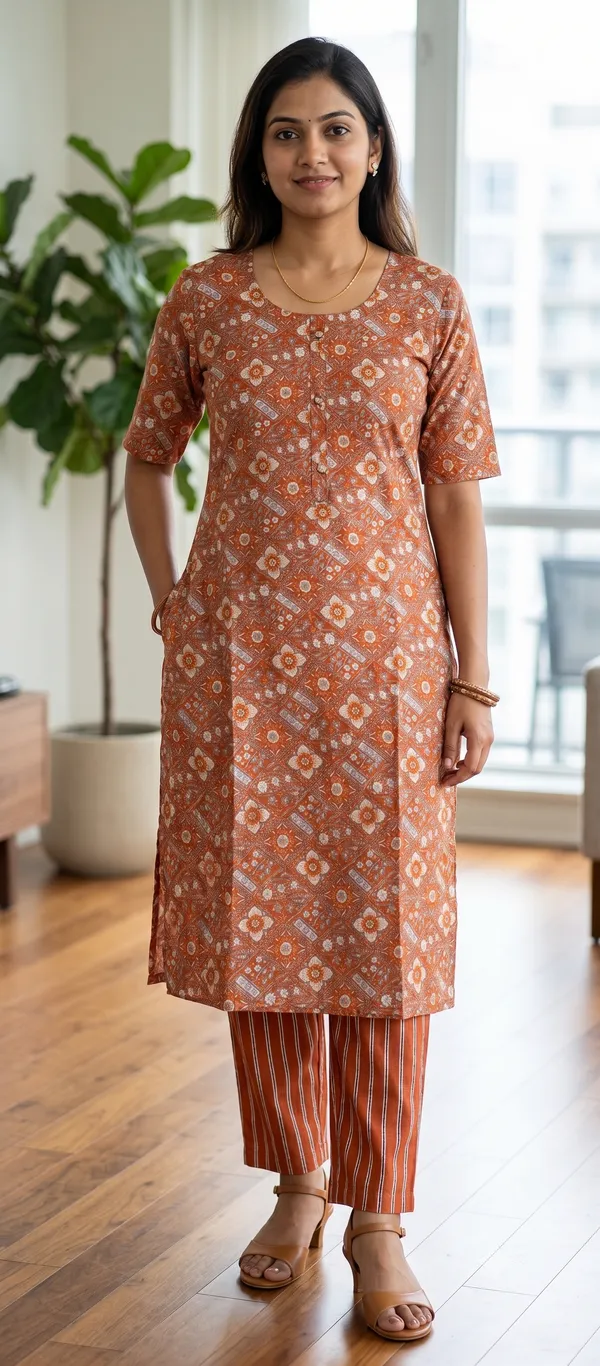 Rust_Printed_Straight_Kurta_Pant_Set_For_Women_&_Girls