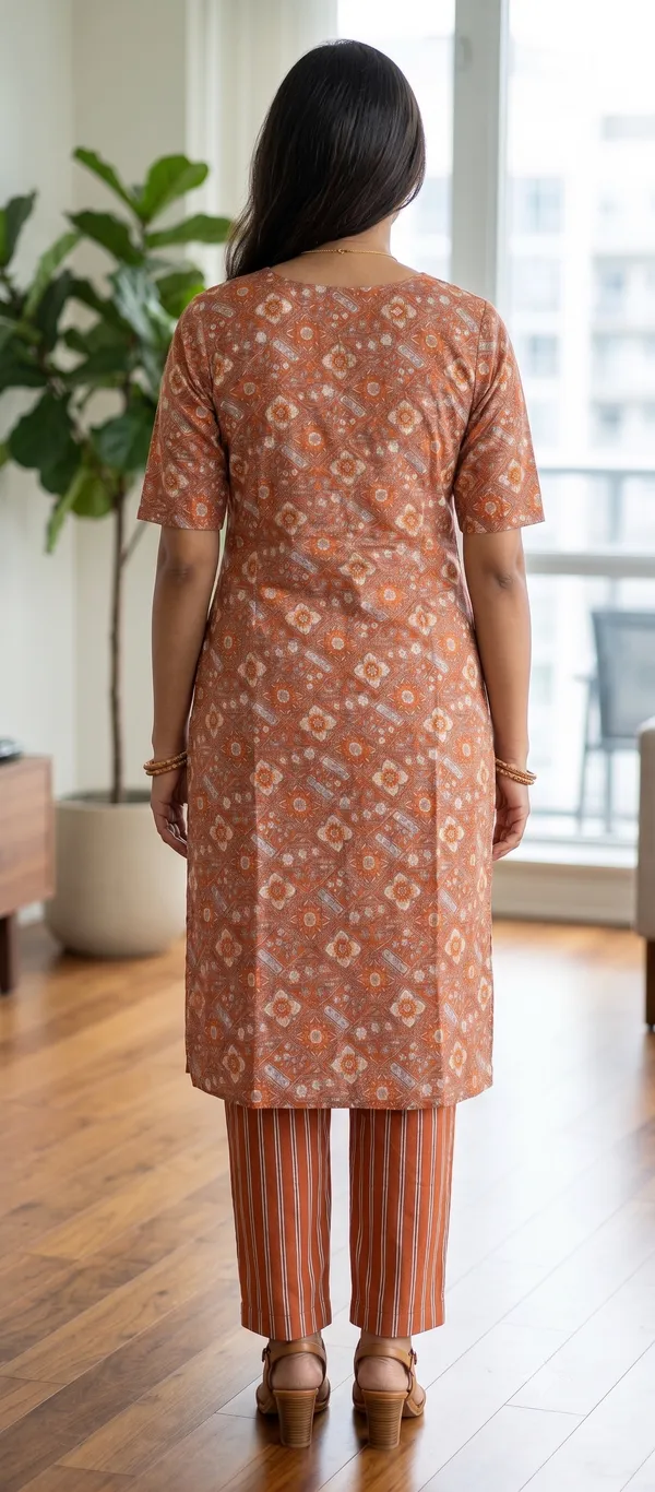 Rust_Printed_Straight_Kurta_Pant_Set_For_Women_&_Girls