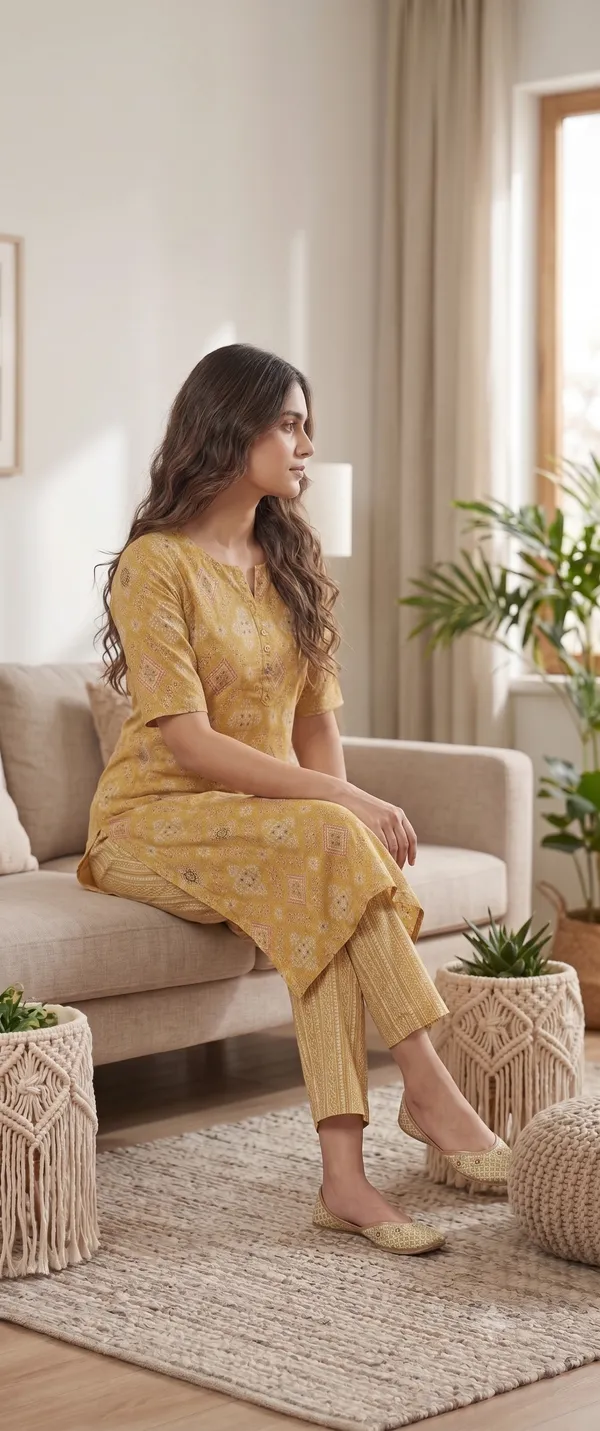 Mustard_Printed_Kurta_Pant_Set_For_Women_&_Girls
