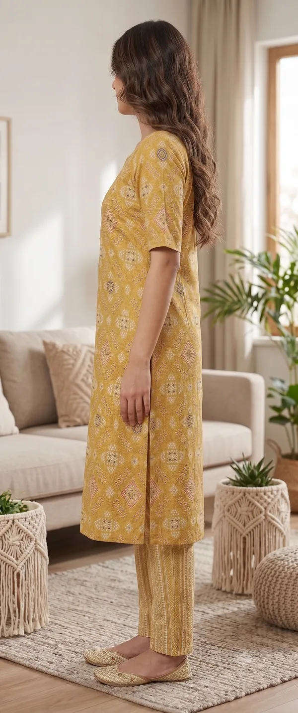 Mustard_Printed_Kurta_Pant_Set_For_Women_&_Girls