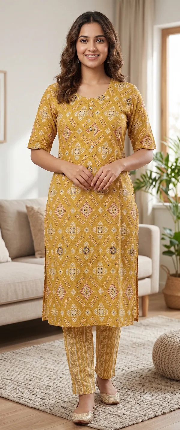 Mustard_Printed_Kurta_Pant_Set_For_Women_&_Girls