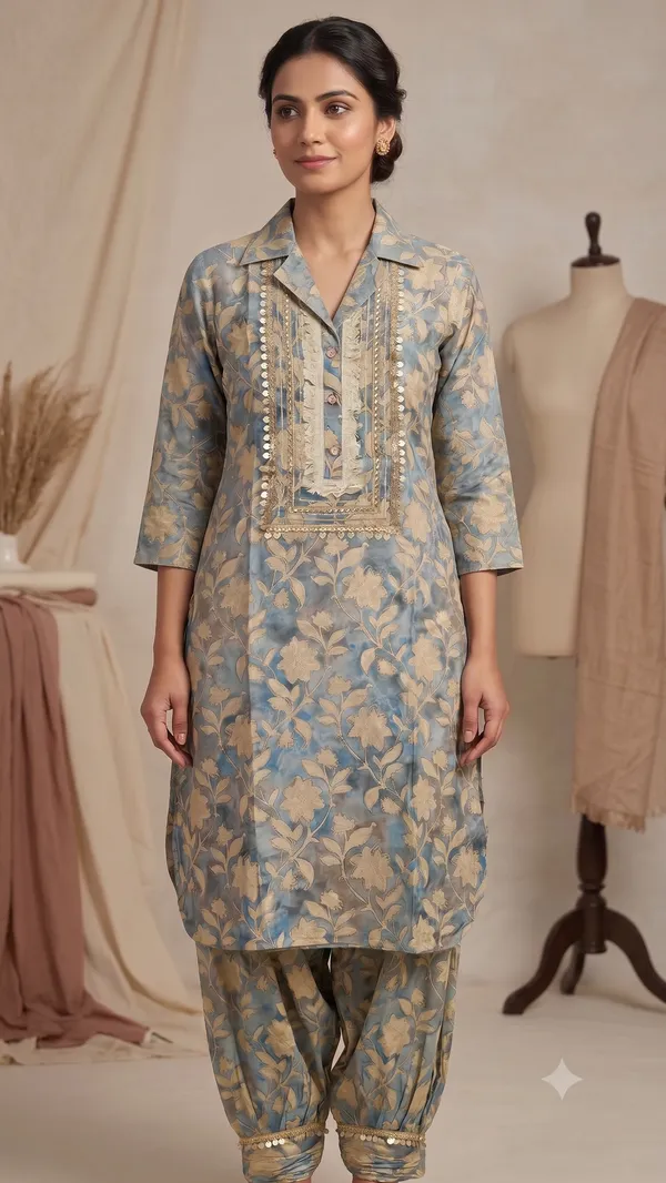Blue_Floral_Print_Afghani_Kurti_Salwar_Set_For_Women_&_Girls