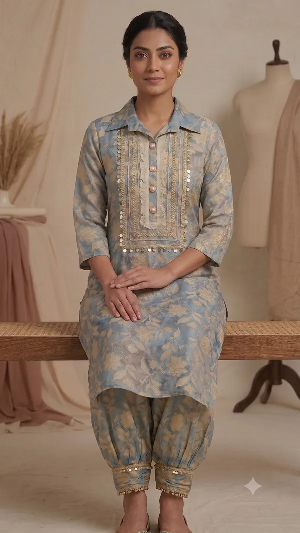 Blue_Floral_Print_Afghani_Kurti_Salwar_Set_For_Women_&_Girls
