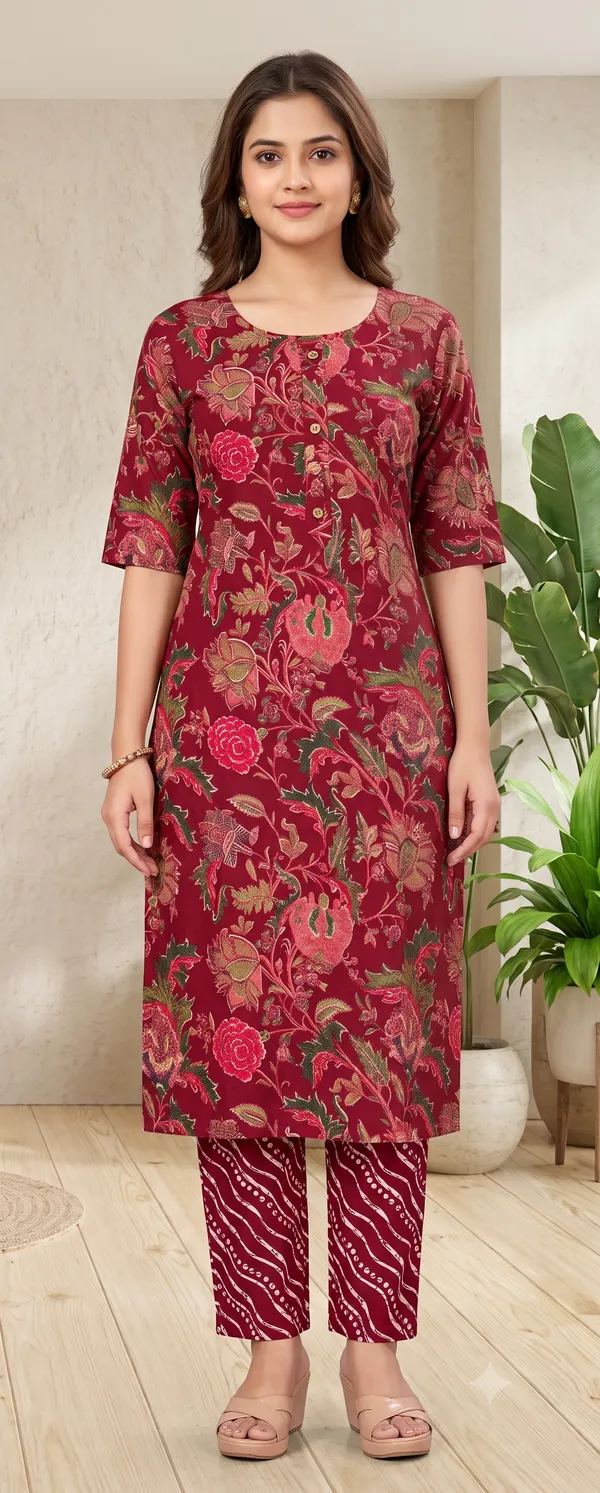 Maroon_Floral_Print_Straight_Kurti_Pant_Set_For_Women_&_Girls