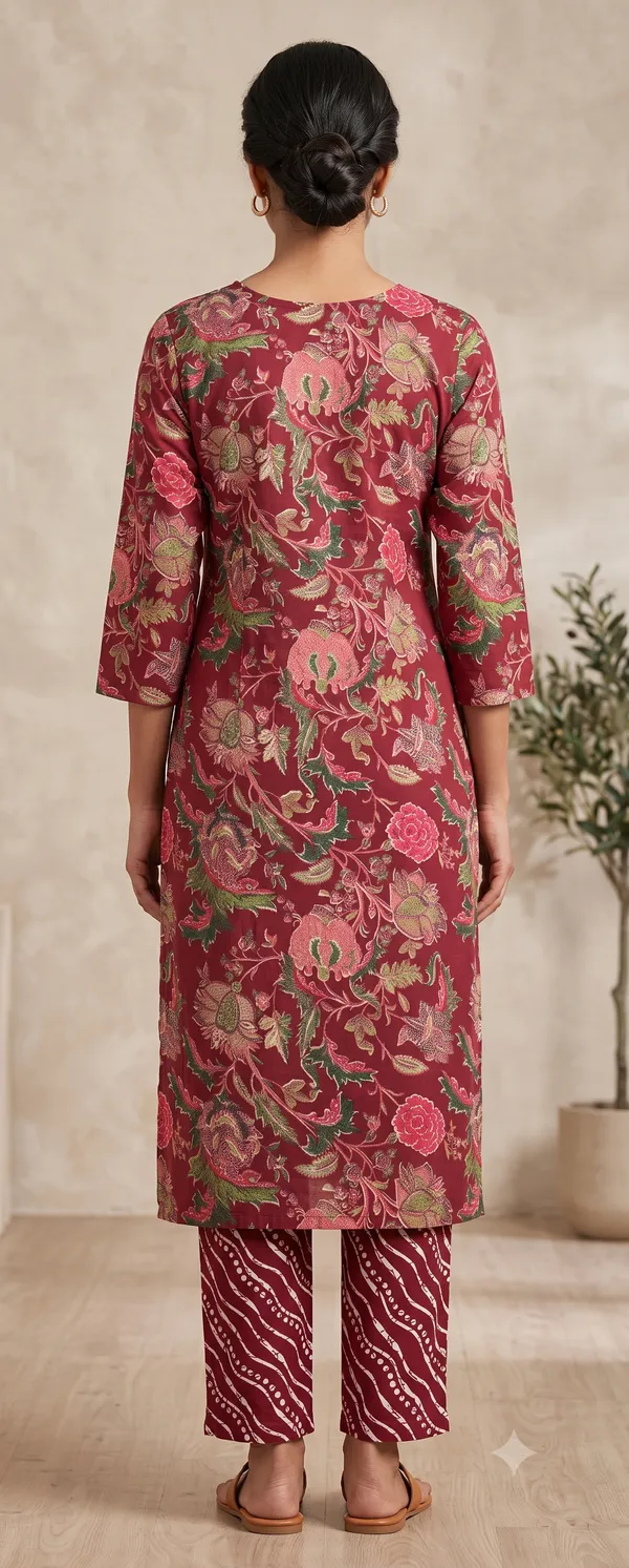 Maroon_Floral_Print_Straight_Kurti_Pant_Set_For_Women_&_Girls