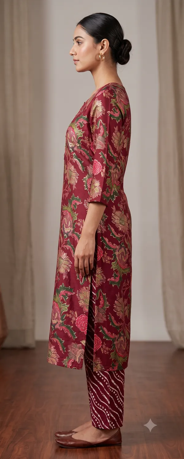 Maroon_Floral_Print_Straight_Kurti_Pant_Set_For_Women_&_Girls
