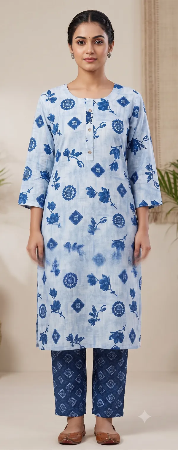 White_Printed_Straight_Kurti_Pant_Set_For_Women_&_Girls