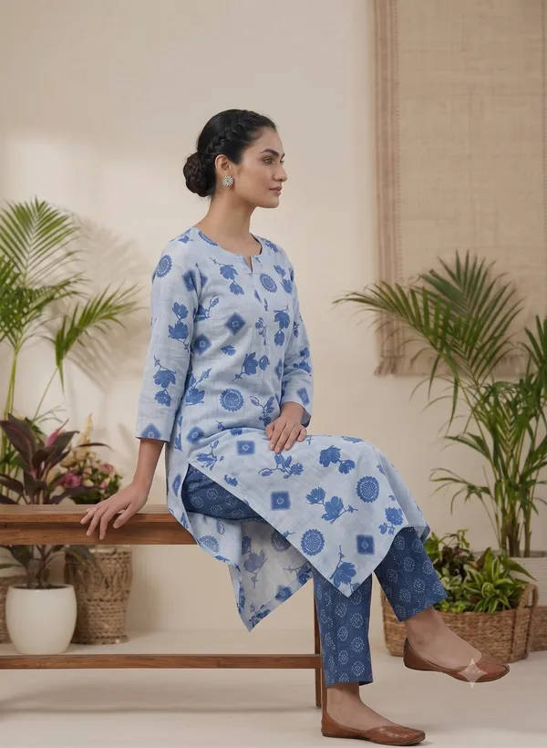 White_Printed_Straight_Kurti_Pant_Set_For_Women_&_Girls