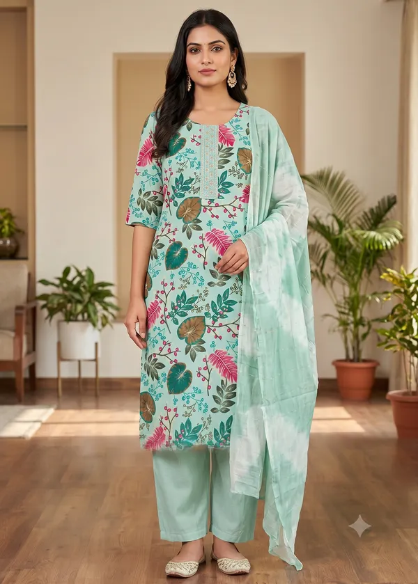 Mint_Floral_Print_Straight_Kurta_Pant_Dupatta_Set_For_Women_&_Girls