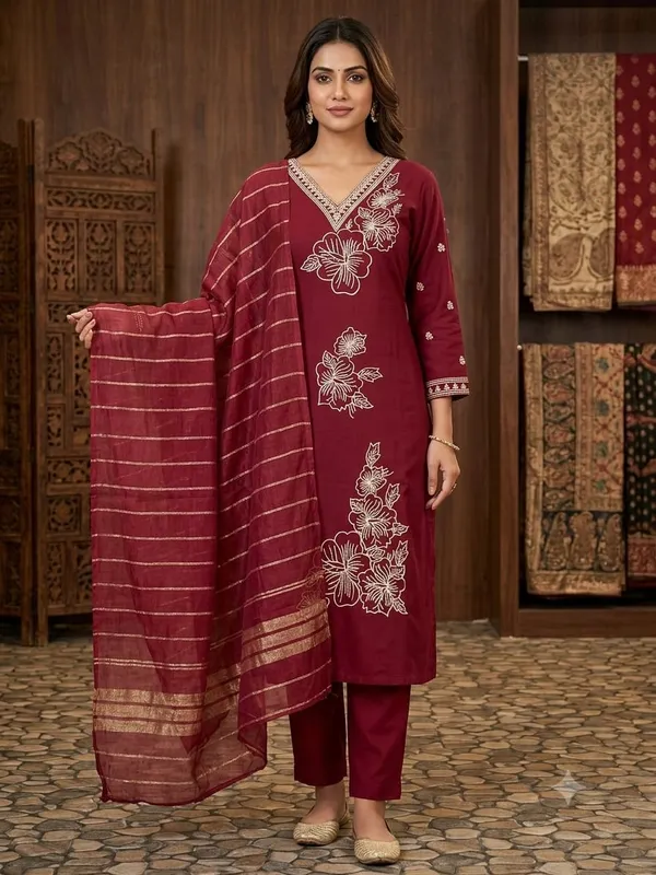 Maroon_Embroidered_Kurta_Pant_Dupatta_Set_for_Women_&_Girls