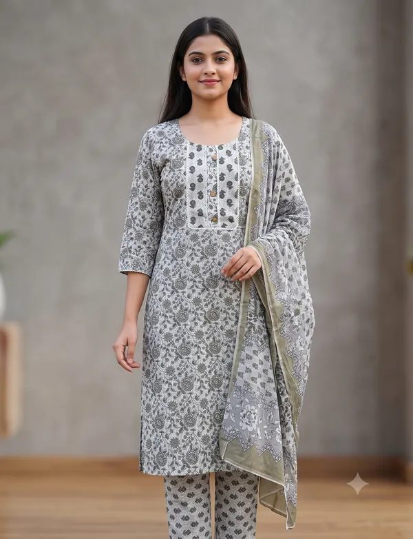 Grey_Cotton_Floral_Print_Kurta_Pant_Dupatta_Set_For_Women_&_Girls