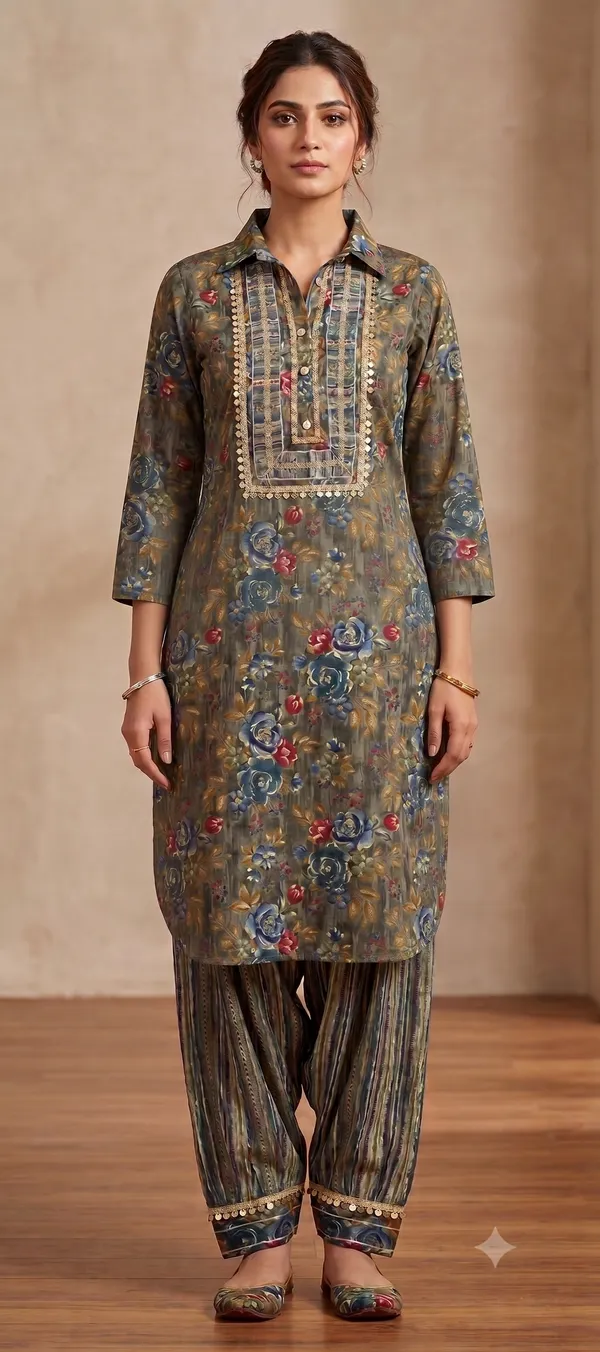 Grey_Floral_Print_Afghani_Kurti_Salwar_Set_For_Women_&_Girls
