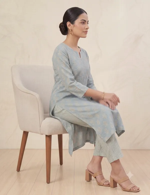 Blue_Floral_Print_Straight_Kurta_Pant_Set_For_Women