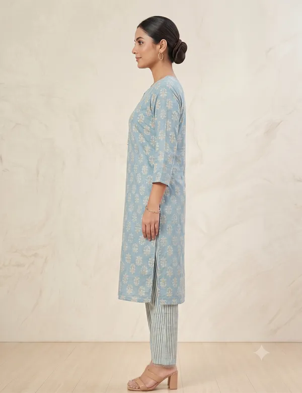 Blue_Floral_Print_Straight_Kurta_Pant_Set_For_Women