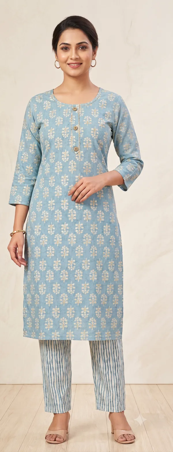 Blue_Floral_Print_Straight_Kurta_Pant_Set_For_Women