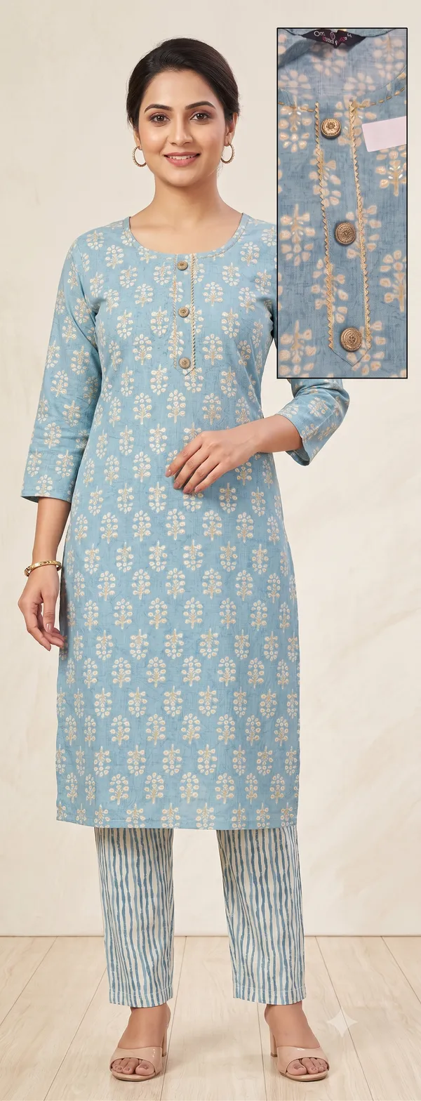 Blue_Floral_Print_Straight_Kurta_Pant_Set_For_Women