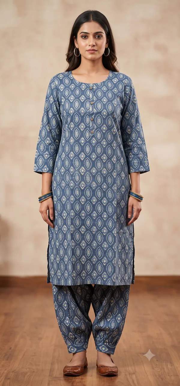 Blue_Printed_Straight_Kurti_Salwar_Set_For_Women_&_Girls