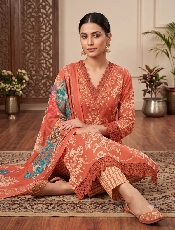 Orange_Printed_Kurta_Pant_Dupatta_Set_For_Women_&_Girls