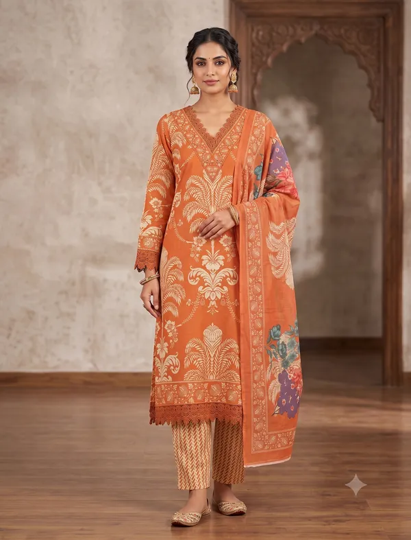 Orange_Printed_Kurta_Pant_Dupatta_Set_For_Women_&_Girls