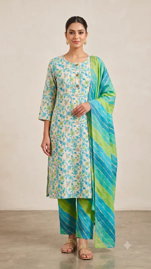 White_Floral_Print_Kurta_Pant_Set_For_Women_&_Girls