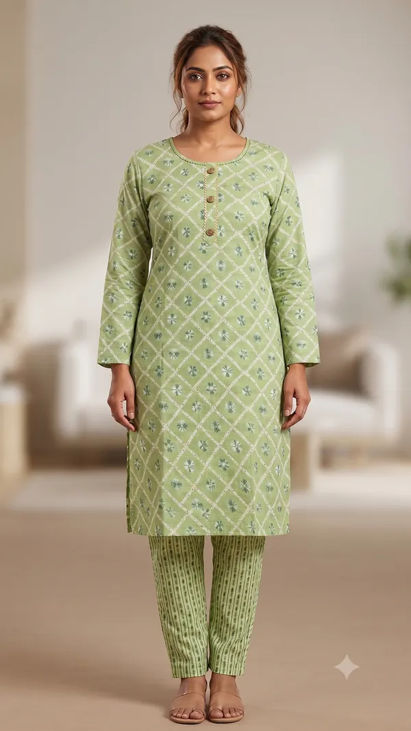 Green_Printed_Straight_Kurta_Pant_Set_For_Women_&_Girls
