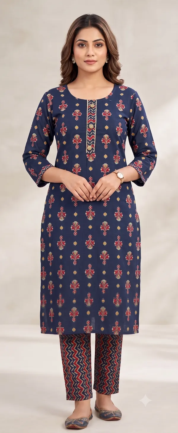 Navy_Blue_Printed_Straight_Kurta_Pant_Set_For_Women_&_Girls