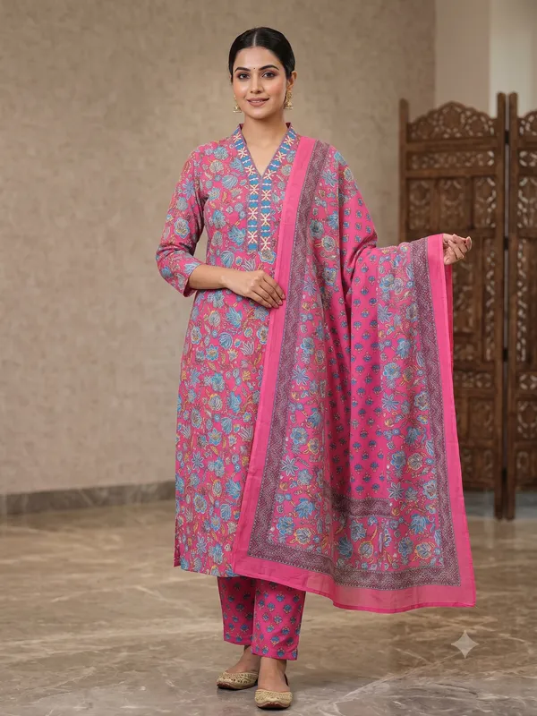 Pink_Floral_Print_Straight_Kurta_Pant_Dupatta_Set_For_Women