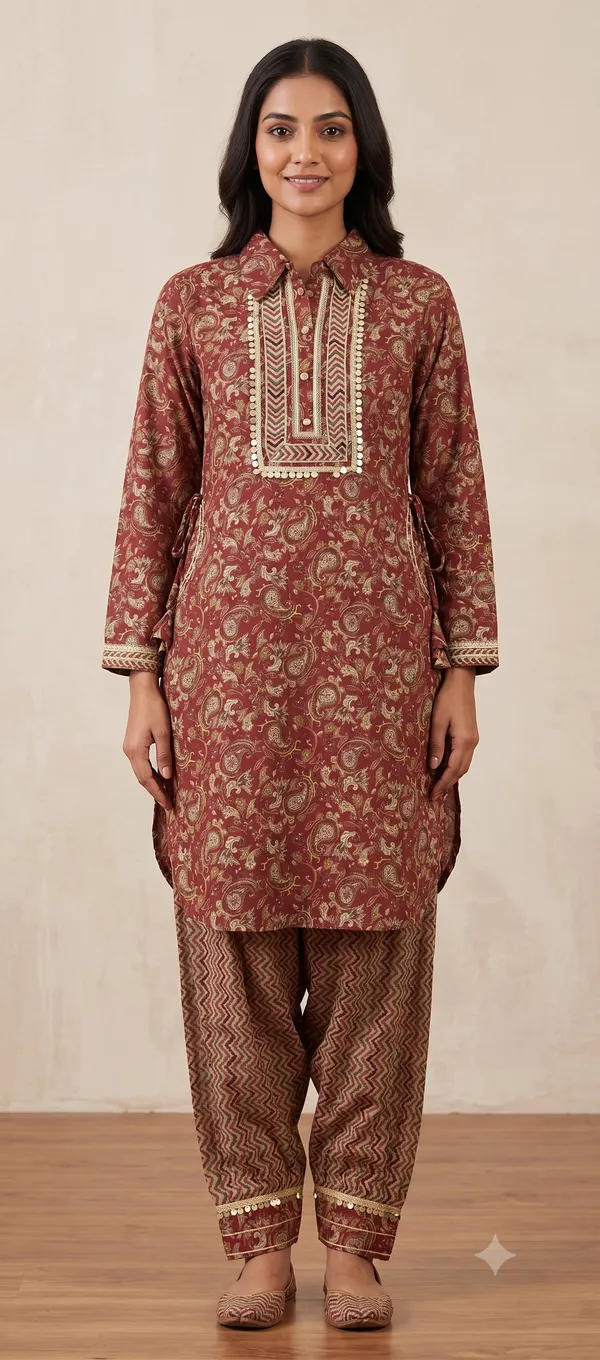 Maroon_Printed_Afghani_Kurti_Salwar_Set_For_Women_&_Girls