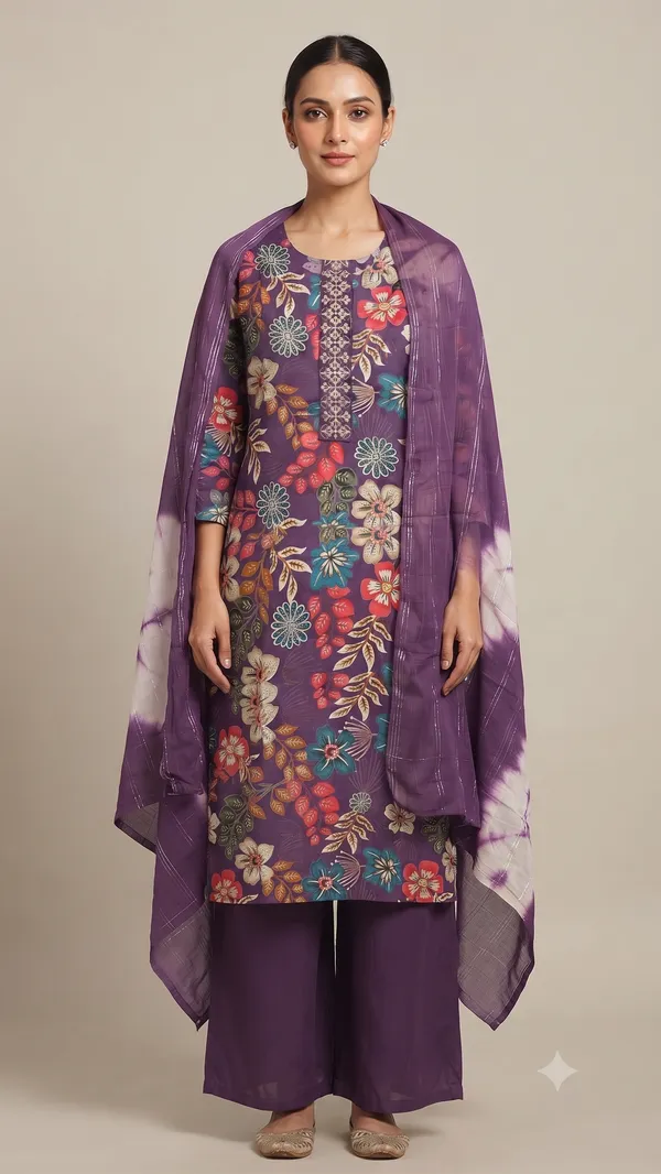 Purple_Floral_Print_Kurta_Pant_Dupatta_Set_For_Women_&_Girls