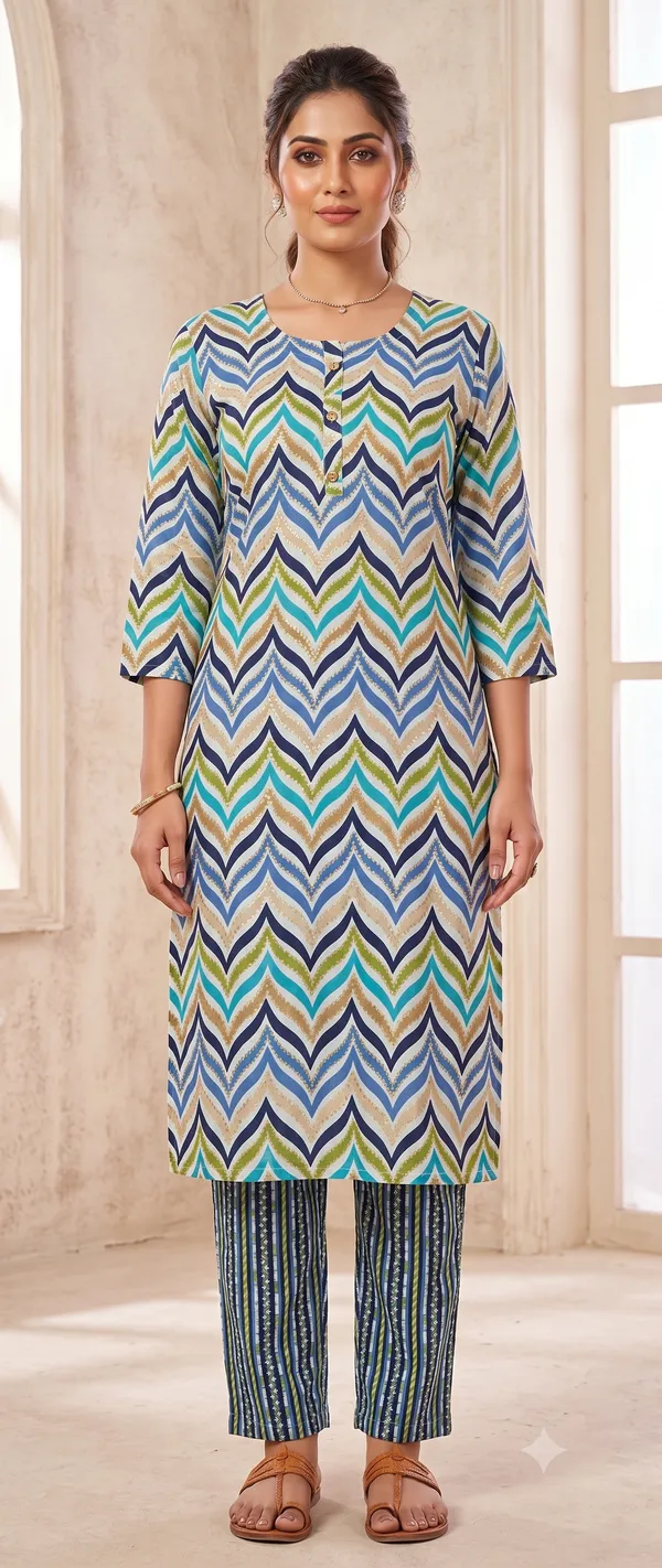 Multicolor_Chevron_Print_Straight_Kurta_Pant_Set_For_Women_&_Girls