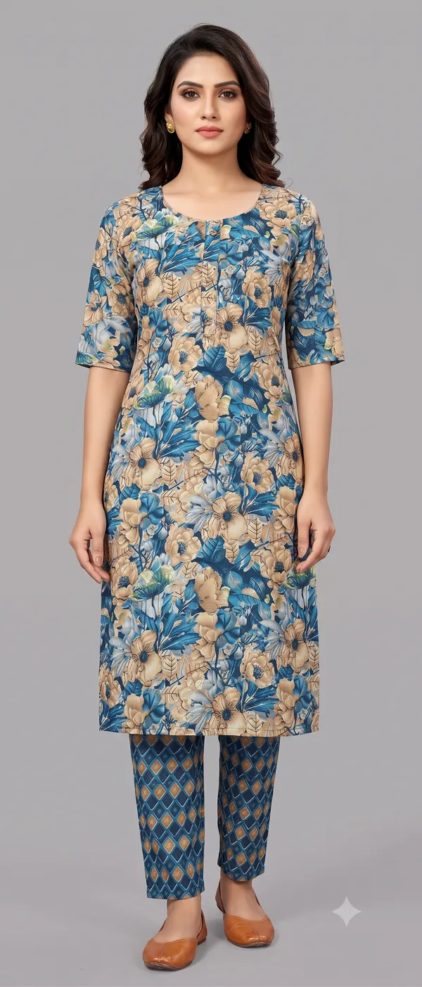 Blue_Floral_Print_Straight_Kurta_Pant_Set_For_Women_&_Girls