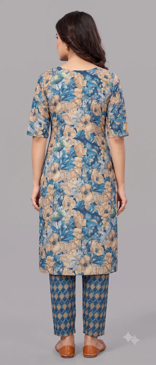 Blue_Floral_Print_Straight_Kurta_Pant_Set_For_Women_&_Girls