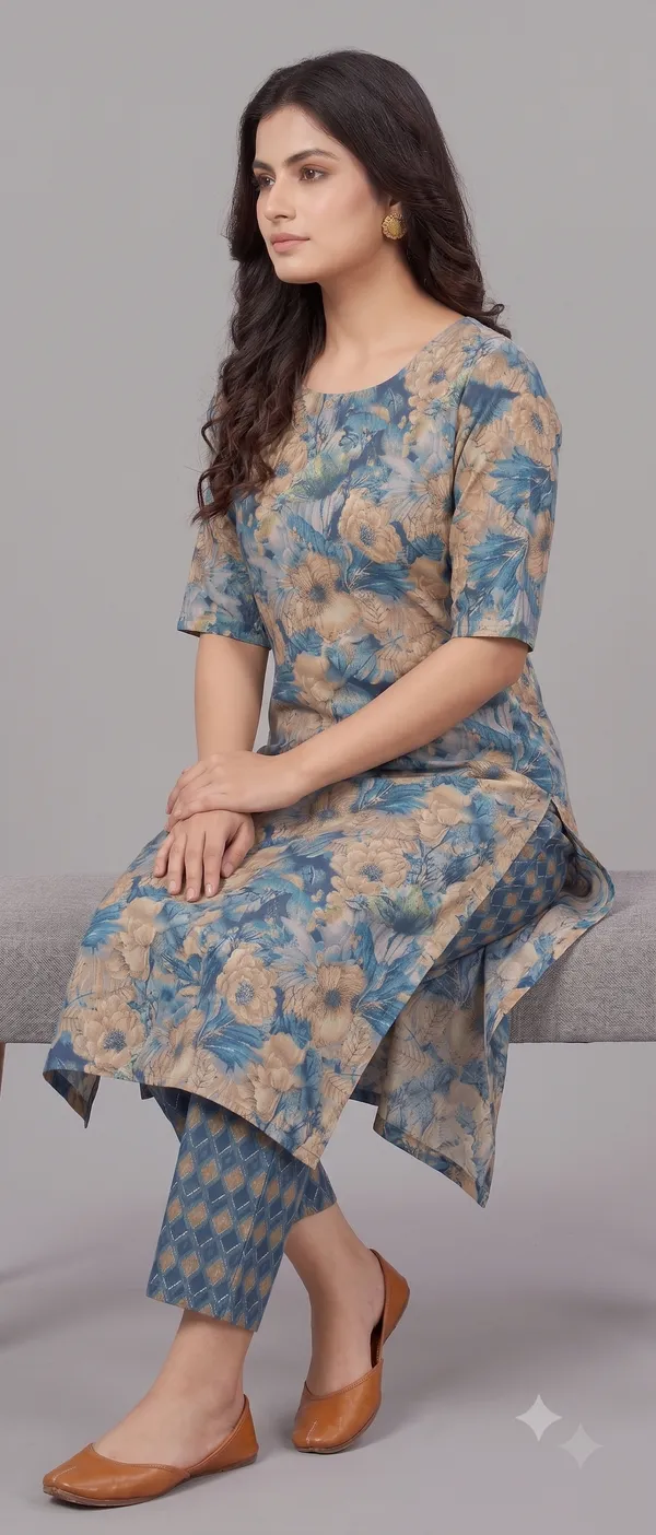 Blue_Floral_Print_Straight_Kurta_Pant_Set_For_Women_&_Girls