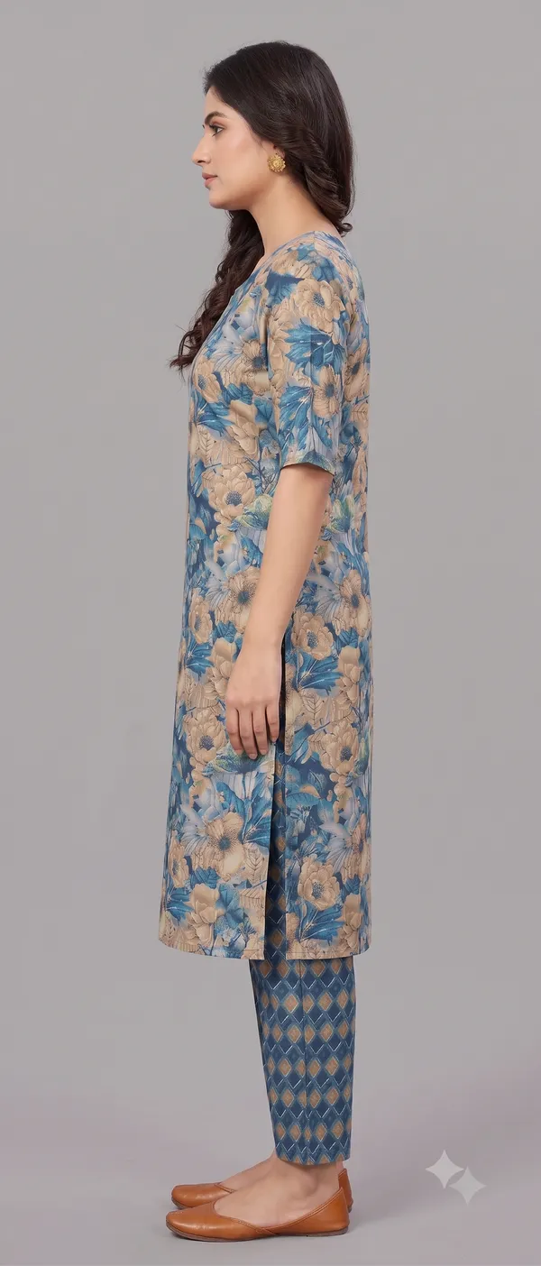 Blue_Floral_Print_Straight_Kurta_Pant_Set_For_Women_&_Girls
