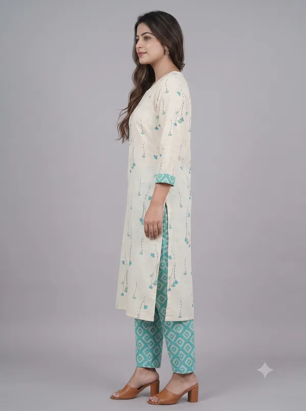 Cream_Cotton_Printed_Kurti_Pant_Set_For_Women_&_Girls