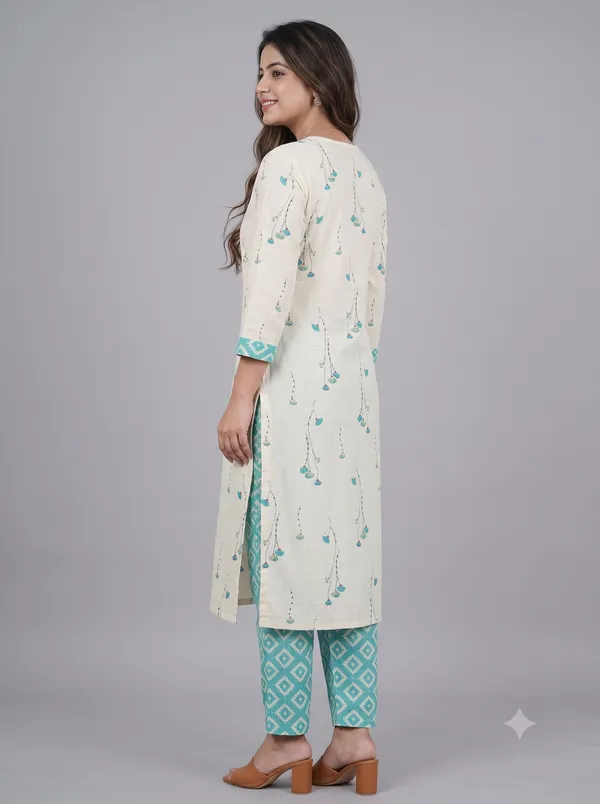 Cream_Cotton_Printed_Kurti_Pant_Set_For_Women_&_Girls